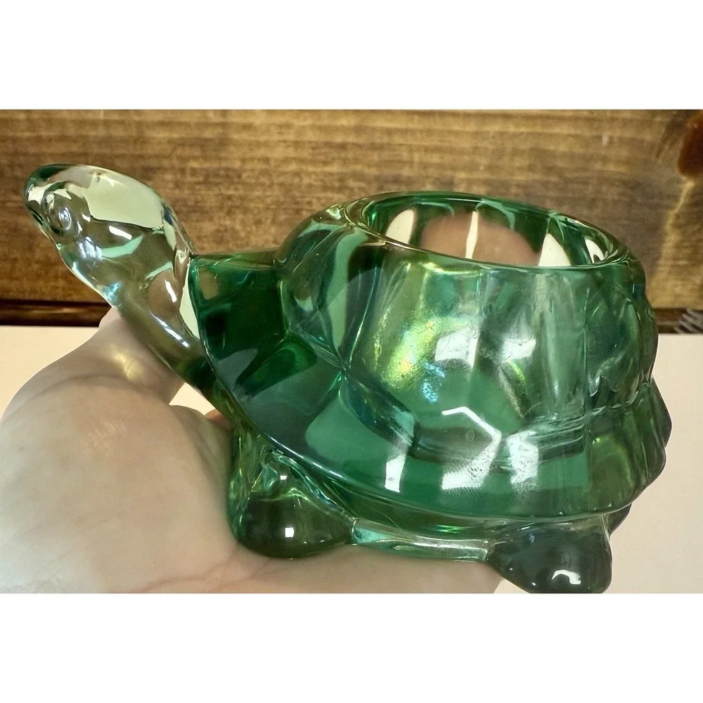 Vintage Turtle Votive Candle Holder, Indiana Glass Heavy Spanish Green Glass USA